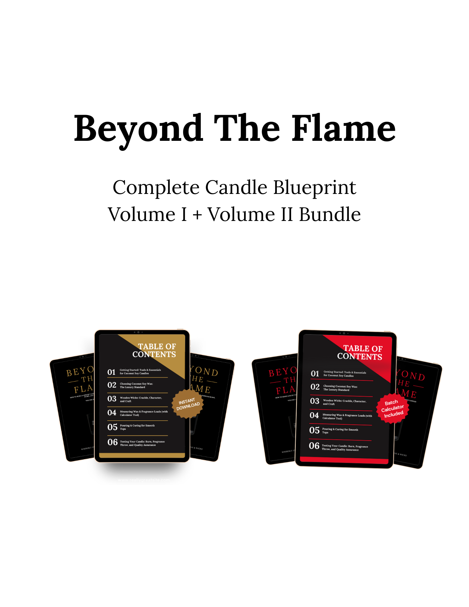 Beyond the Flame candle-making ebook bundle on a white background — Volume I and Volume II for building a clean candle brand
