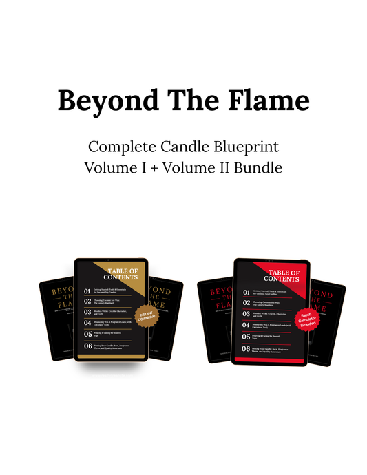 Beyond the Flame candle-making ebook bundle on a white background — Volume I and Volume II for building a clean candle brand