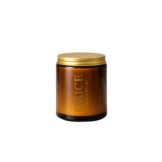amber jar with gold lid on a white background, Grice Wax & Wicks