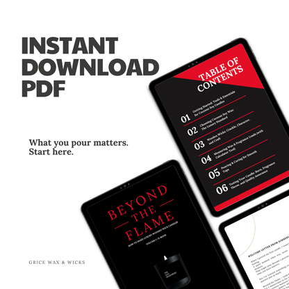 Tablet displaying a PDF with a table of contents on a white background of Beyond the Flame by Grice Wax & Wicks