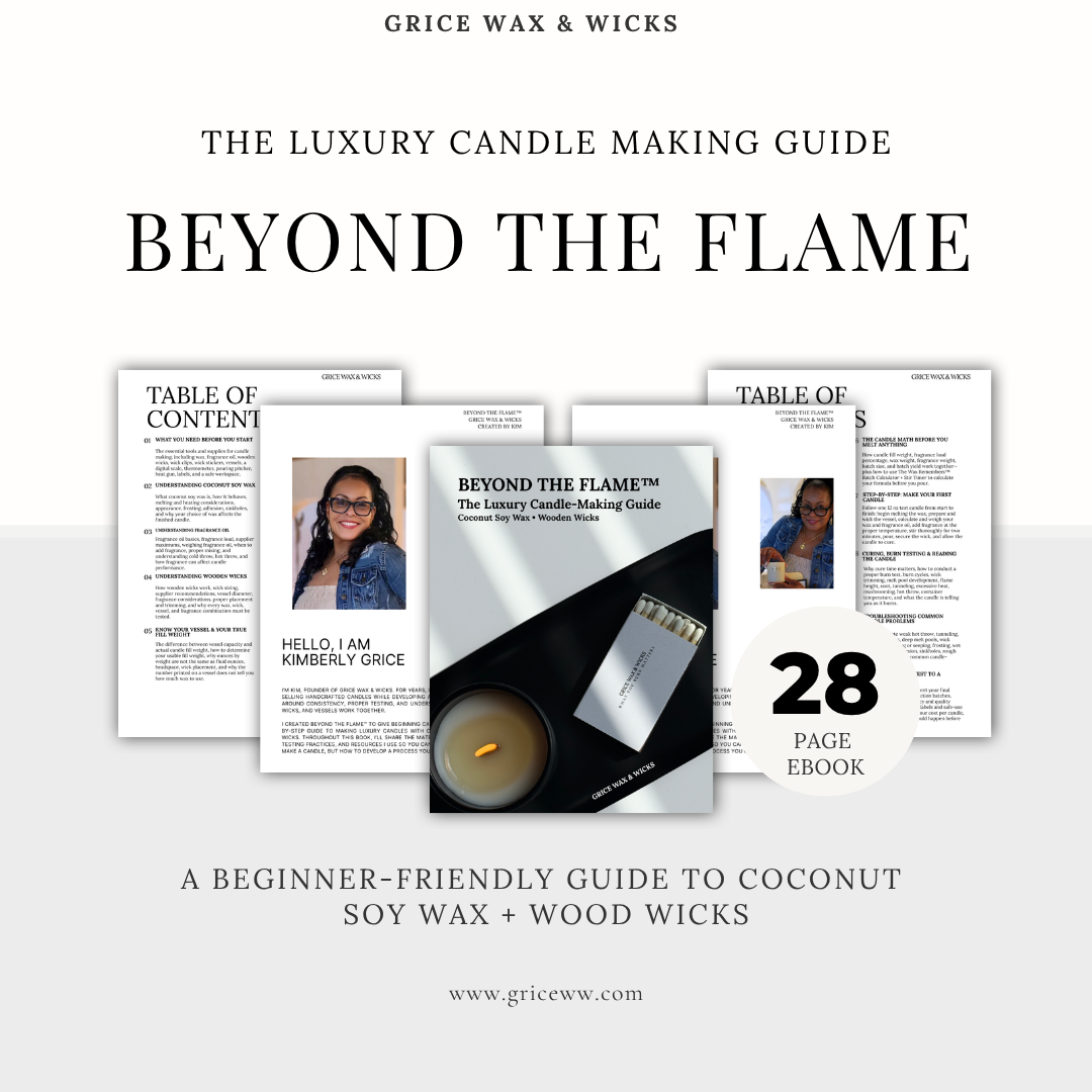 Promotional graphic for the Grice Wax & Wicks 'Beyond the Flame' luxury candle making guide, showing a central ebook cover with sample pages fanned behind it and text describing a beginner-friendly guide to coconut soy wax and wood wicks.