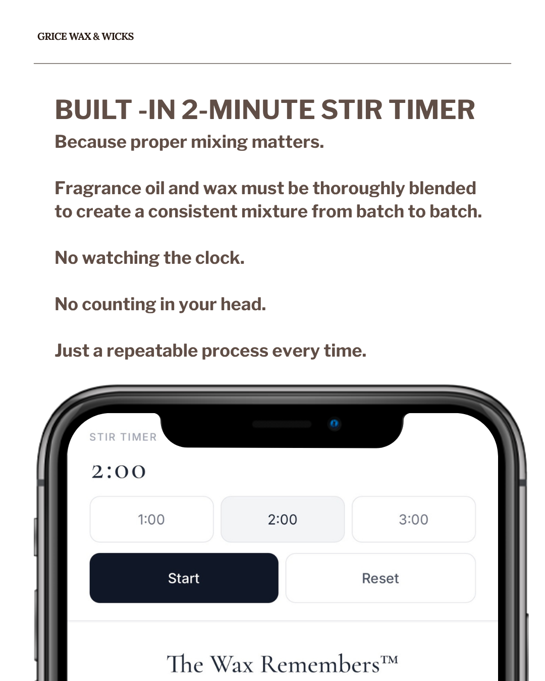 Built-in 2 minute stir timer for consistent fragrance and wax blending