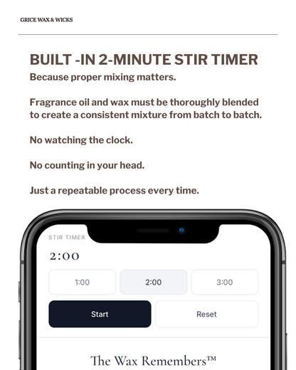 Built-in 2 minute stir timer for consistent fragrance and wax blending