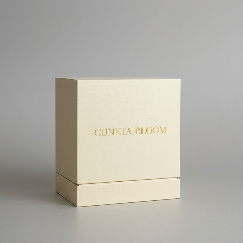 Elegant cream Cuneta Bloom luxury candle box with gold embossed branding, displayed upright against a soft neutral background.