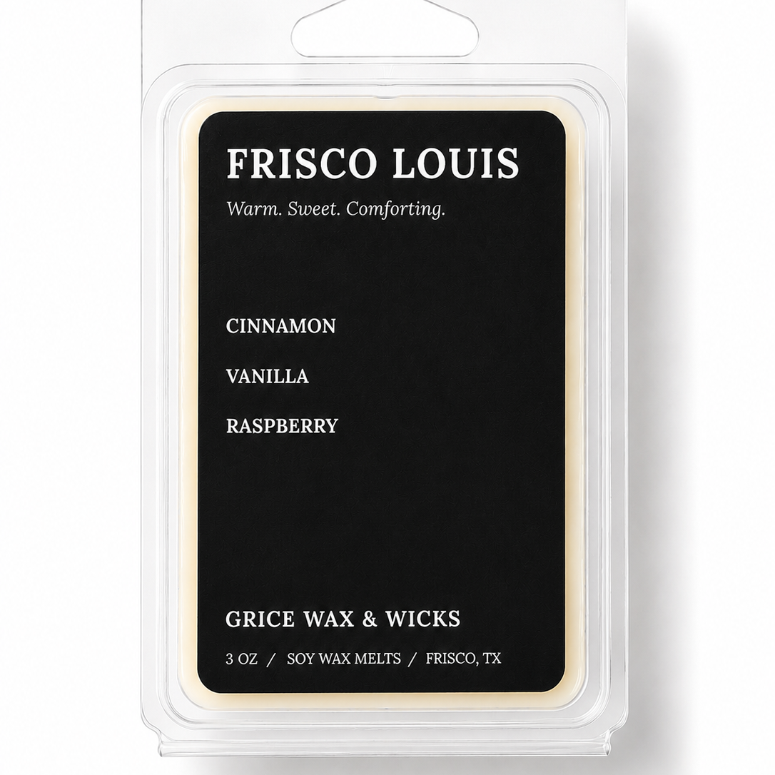 Frisco Louis soy wax melts in a clear plastic clamshell package with a black label. The label reads 'FRISCO LOUIS', 'CINNAMON VANILLA RASPBERRY', and 'GRICE WAX & WICKS'.