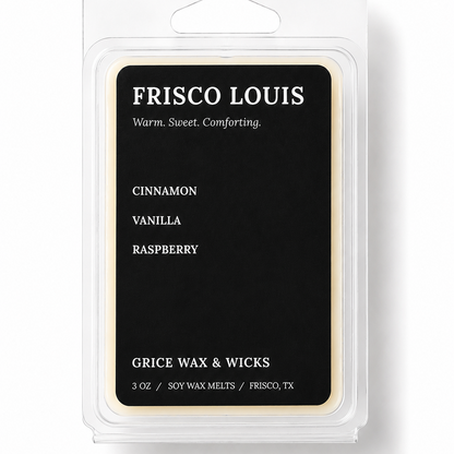 Frisco Louis soy wax melts in a clear plastic clamshell package with a black label. The label reads 'FRISCO LOUIS', 'CINNAMON VANILLA RASPBERRY', and 'GRICE WAX & WICKS'.