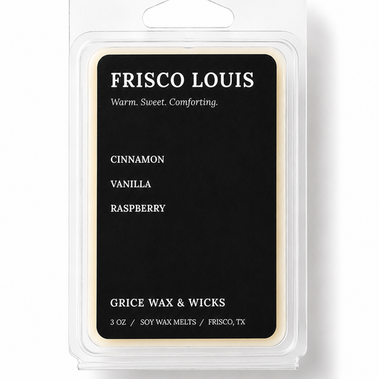Frisco Louis soy wax melts in a clear plastic clamshell package with a black label. The label reads 'FRISCO LOUIS', 'CINNAMON VANILLA RASPBERRY', and 'GRICE WAX & WICKS'.