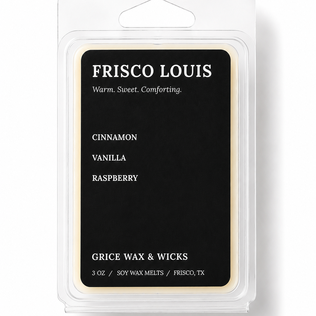 Frisco Louis soy wax melts in a clear plastic clamshell package with a black label. The label reads 'FRISCO LOUIS', 'CINNAMON VANILLA RASPBERRY', and 'GRICE WAX & WICKS'.