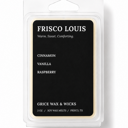 Frisco Louis soy wax melts in a clear plastic clamshell package with a black label. The label reads 'FRISCO LOUIS', 'CINNAMON VANILLA RASPBERRY', and 'GRICE WAX & WICKS'.