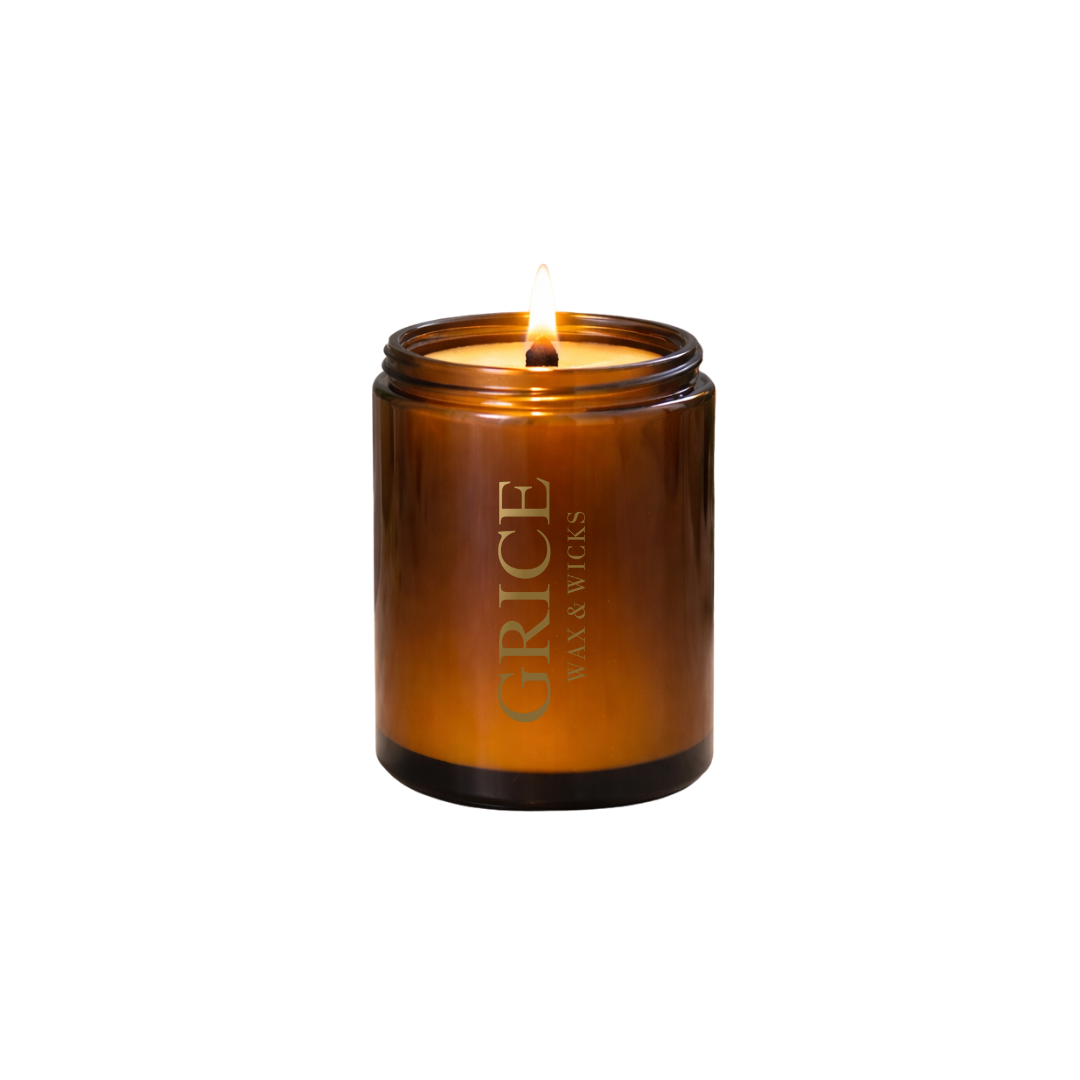 amber glass jar with 'Grice' branding on a white background