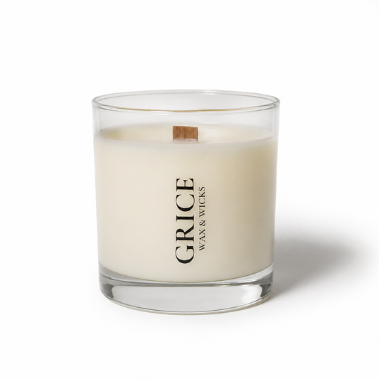 coconut soy wax candle in clear glass vessel with wood wick by GRICE Wax & Wicks