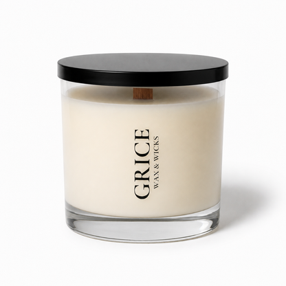 oconut soy wax candle in clear glass vessel with wood wick by GRICE Wax & Wicks