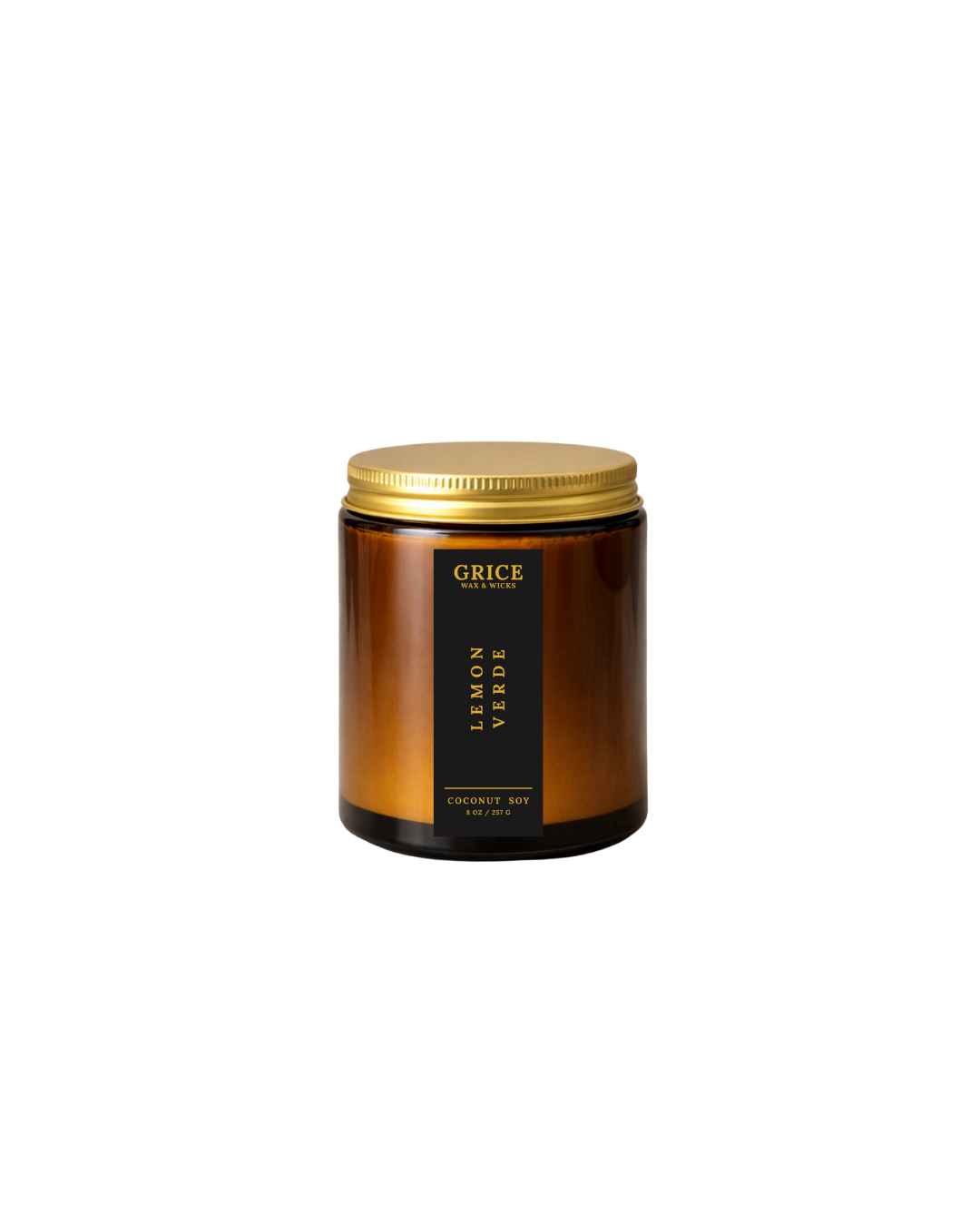 Brown candle jar with gold lid on a white background by Grice Wax & Wicks 