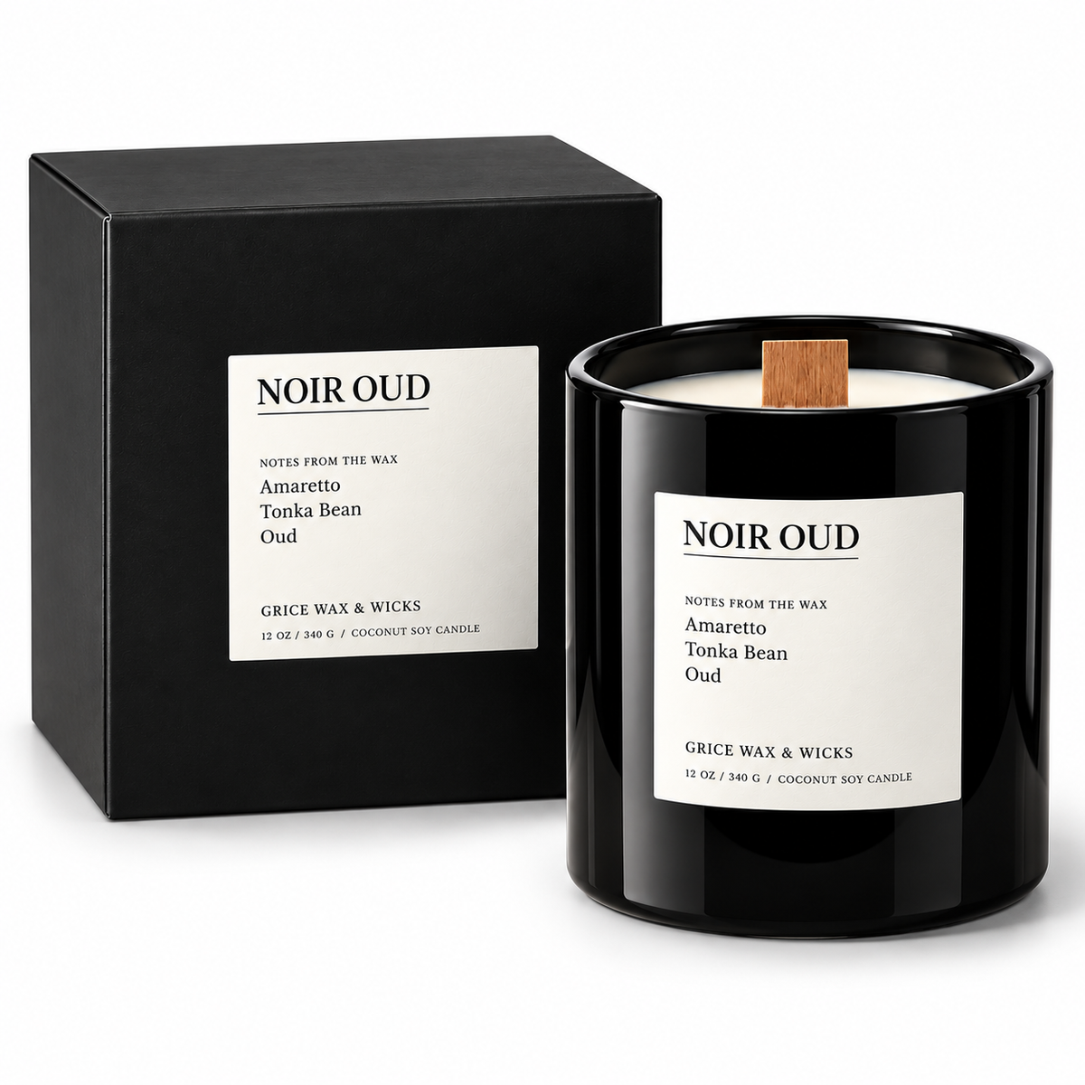 A black glass soy candle jar with a white label reading 'NOIR OUD' and a small wooden wick, shown next to its black retail box on a white background.