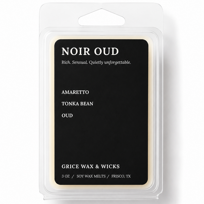 A packaged wax melt in a clear plastic clamshell with a black front label reading 'NOIR OUD' and 'GRICE WAX & WICKS', on a white background.