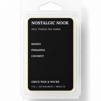 A packaged wax melt product in a clear plastic clamshell package with a black front label. The label reads 'NOSTALGIC NOOK' and lists flavors Mango, Pineapple, and Coconut, with 'GRICE WAX & WICKS' near the bottom.