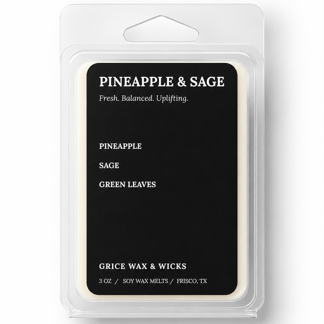 A packaged wax melt product in a clear plastic clamshell package with a black front label. The label reads 'PINEAPPLE & SAGE' and 'GRICE WAX & WICKS,' with scent notes Pineapple, Sage, and Green Leaves.