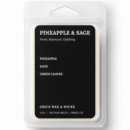 A packaged wax melt product in a clear plastic clamshell package with a black front label. The label reads 'PINEAPPLE & SAGE' and 'GRICE WAX & WICKS,' with scent notes Pineapple, Sage, and Green Leaves.