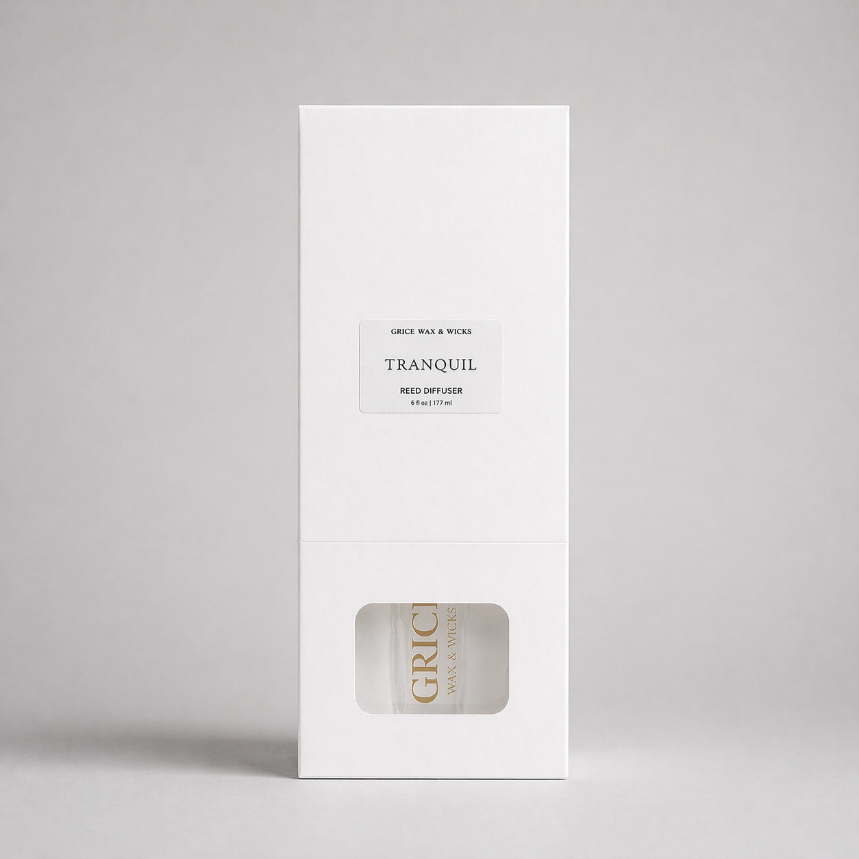 White box with 'Tranquil' and 'Grice' branding on a gray background