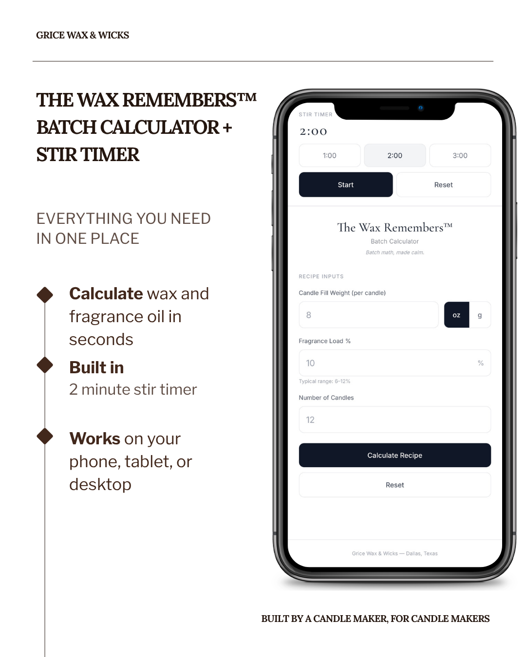 The Wax Remembers Batch Calculator and Stir Timer for candle makers