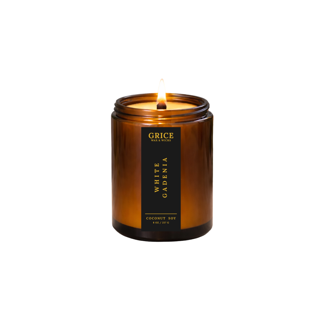 Brown candle with a label on a white background by Grice Wax & Wicks 