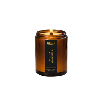 Brown candle with a label on a white background by Grice Wax & Wicks 