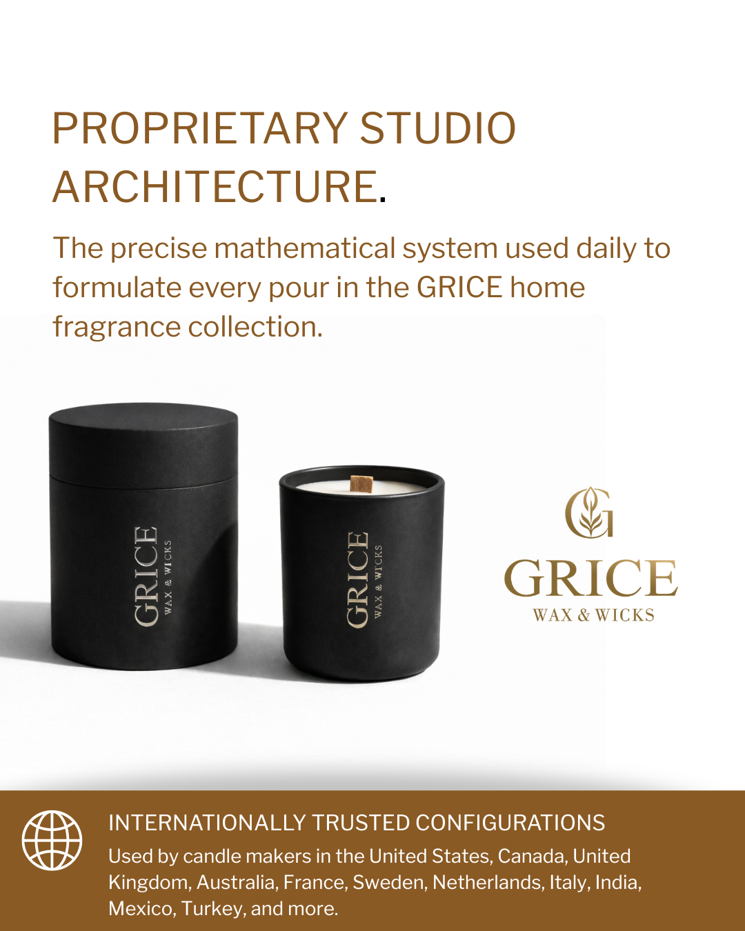 Two black GRICE Wax & Wicks candles shown on a white background with promotional text above and a black trust banner at the bottom. The main product appears to be a candle in a matte black cylindrical tin and a matching small candle vessel.